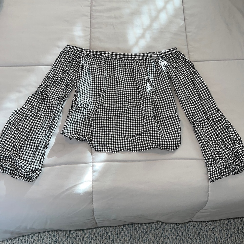 Love Fire Off The Shoulder Black & White Checkered Top - Size Small